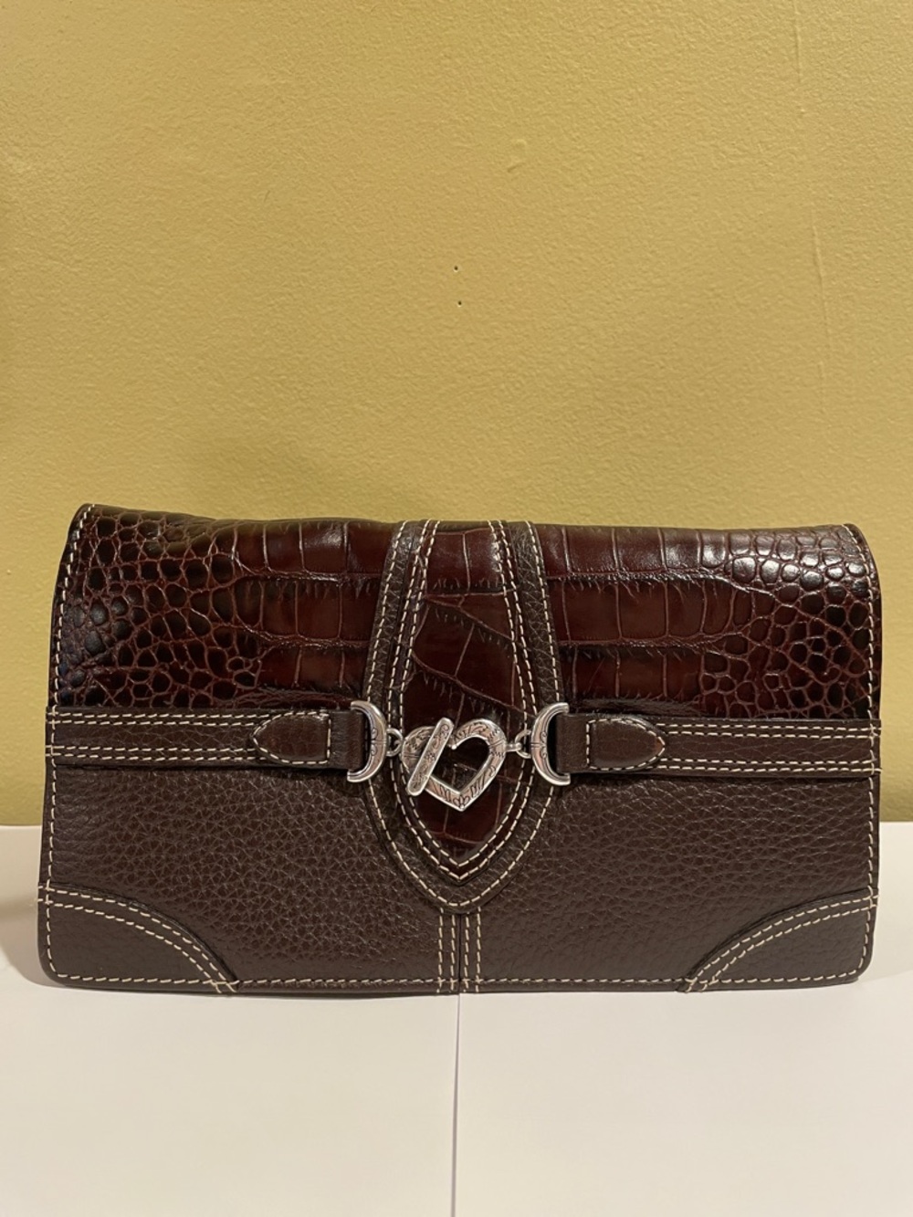Brighton Brown Croc-Texture Leather Clutch or Crossbody with Heart Accent